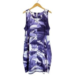 Marla Wynne V-Neck Printed Lantern Dress XL Purple White Boho Art To Wear Boho